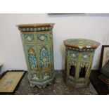 MAJOLICA GARDEN SEATS, 2 Minton-style Persian design octagonal garden seats, 1 25" height, other