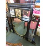 EDWARDIAN GILT EBONISED OVERMANTEL, floral painted inset panel with bracket shelf details, 47"