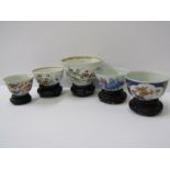 ORIENTAL PORCELAIN, collection of 5 antique oriental porcelain sake and rice bowls with hardwood