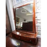 LATE GEORGIAN BOW FRONTED SWING DRESSING MIRROR, inlaid mahogany triple drawer base with rectangular