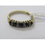 9CT YELLOW GOLD SAPPHIRE & DIAMOND ETERNITY STYLE RING, 5 graduated blue sapphires each separated by