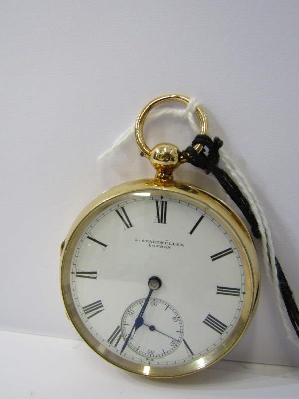 18ct YELLOW GOLD GENTLEMAN'S OPEN FACED POCKET WATCH, by Stadtmuller of London, presented to W