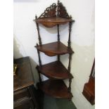 VICTORIAN WALNUT MARQUETRY 4 TIER GRADUATED CORNER WHAT NOT, fretwork cresting and tapering pillar