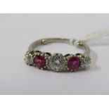 VINTAGE 18CT WHITE GOLD RUBY & DIAMOND 5 STONE RING, principal transitional cut diamond measuring