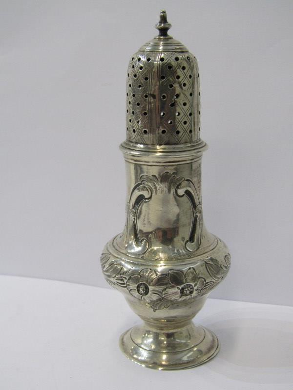 GEORGIAN SILVER SUGAR CASTER with floral decoration in relief, maker RP, 4.5" (approx 12cm) - Image 2 of 4