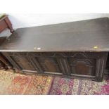 ANTIQUE OAK TRIPLE PANELLED COFFER, carved lunette frieze and archway panels, 51" width