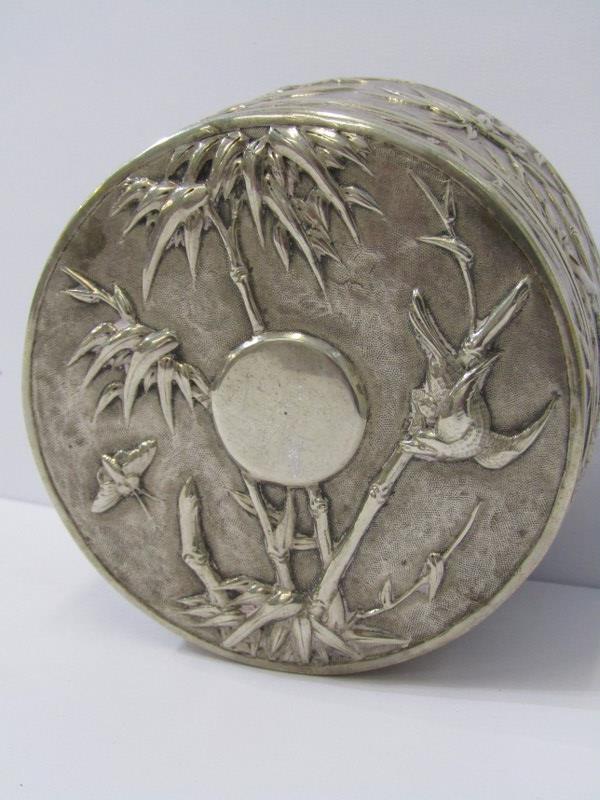 CHINESE SILVER LIDDED CANISTER decorated birds, bugs and bamboo stork and leaf pattern in relief, - Image 2 of 4