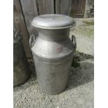 MILK CHURN, 10 gallon aluminium twin handled milk churn with lid, 28" high, stamped Unigate