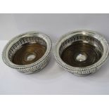 SILVER DECANTER COASTERS, pair of silver and stained beech frame decanter coasters of circular form,