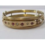 ANTIQUE 9ct YELLOW GOLD RUBY & DIAMOND HINGED BANGLE, approximately 14grms in weight