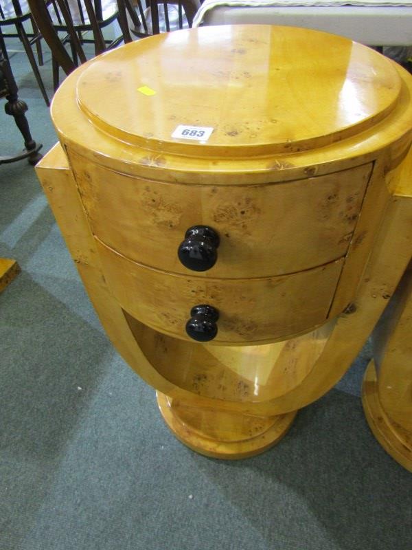 ART DECO DESIGN, pair of drum twin drawer bedside tables with U shaped supports, possibly in burr - Image 2 of 2