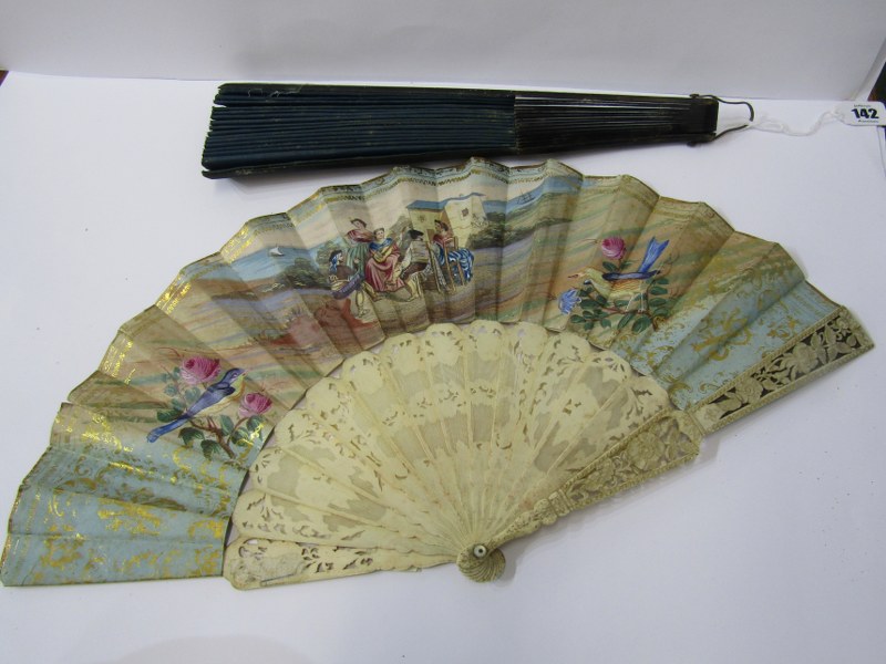 ANTIQUE FANS, 19th Century carved bone Continental fan decorated with Spanish family group, 10.5"