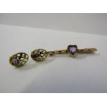 9ct YELLOW GOLD AMETHYST HEART BROOCH, with pair of amethyst stud earrings