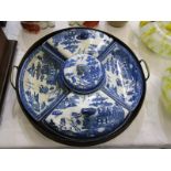 WILLOW PATTERN, Victorian Willow pattern circular section hor d'oeuvres dish service with circular