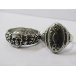 TWO GERMAN MILLITARY STYLE NATZI SILVER RINGS, One with the skull motif