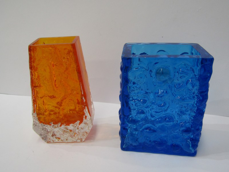 WHITEFRIARS, tangerine glass vase, 5" height, also Kingfisher blue scupltured glass rectangular