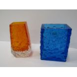 WHITEFRIARS, tangerine glass vase, 5" height, also Kingfisher blue scupltured glass rectangular