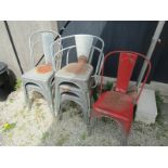 VINTAGE METAL STACKING CHAIRS, 6 assorted galvanised garden chairs