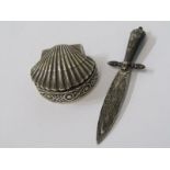 SILVER SCALLOP SHELL PILL BOX, containing 3 small sea shells & silver gladius sword style bookmark