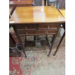 MAHOGANY TRIPLE DRAWER NEEDLEWORK TABLE, open shelf base with tapering square section legs and brass