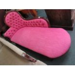 VICTORIAN BUTTONBACK CHAISE LONGUE, carved cabriole legs, pink buttonback upholstery