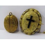 2 YELLOW METAL LOCKETS, 1 floral form with enamel cross and locket back, cross opens to reveal