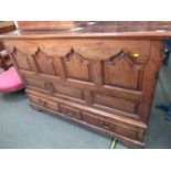 GEORGIAN OAK MULE CHEST, triple drawer base with attractive panelled front, 38" height 55" width