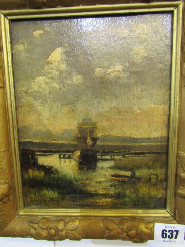 19th CENTURY OIL ON PANEL, indistinctly signed A. Chapuis (?) "Sailing Ship in Estuary", 8" x 6" - Image 2 of 3