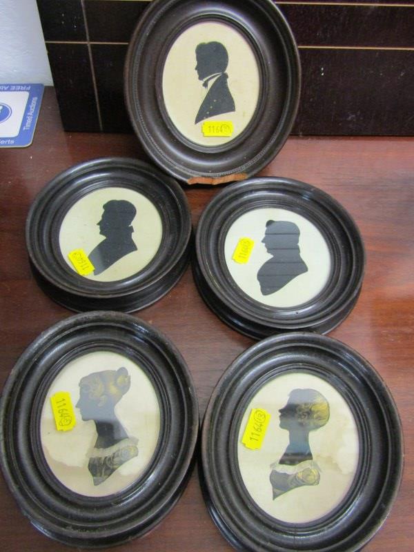 SILHOUETTES, collection of 5 oval framed portraits including 2 gilt heightened studies of late