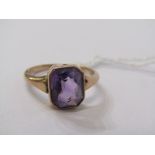 9CT YELLOW GOLD AMETHYST SET DRESS RING, rectangular cut, rub over set amethyst, size L