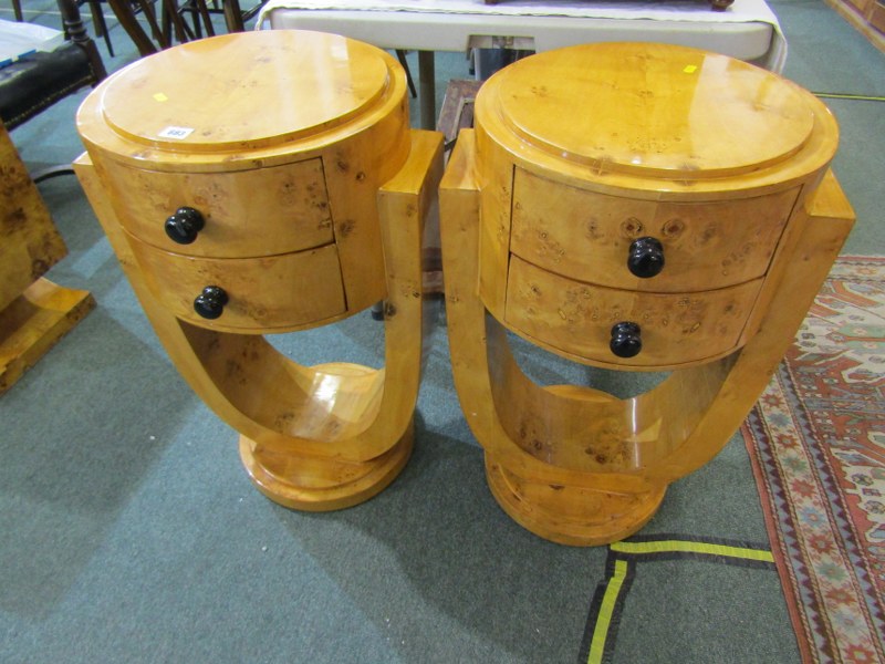 ART DECO DESIGN, pair of drum twin drawer bedside tables with U shaped supports, possibly in burr