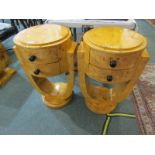 ART DECO DESIGN, pair of drum twin drawer bedside tables with U shaped supports, possibly in burr