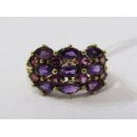 9ct YELLOW GOLD AMETHYST CLUSTER RING, size P