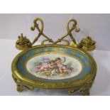 FRENCH STANDISH, Sevres-style inset dish decorated with putti with gilt metal surround and twin