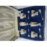 CASED SILVER CRUET SET, 6 piece Art Deco design silver cruet set with 4 salt spoons, Birmingham
