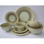 SUSIE COOPER, brown banded tea service of cream jug, sugar bowl, bread plate, 5 small cup trios, 2