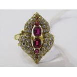 18CT YELLOW GOLD RUBY & DIAMOND CLUSTER RING, unusual design cocktail ring, principal