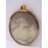 PORTRAIT MINIATURE, "Lady in White Lace Dress" in oval pendant frame, 4" height