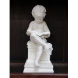 PARIAN FIGURE, seated Boy reading book, chip to square base, 11" height