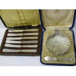 BOXED SILVER BUTTER DISH, silver shell form butter dish, retailed by Skinner & Co, London, maker J G