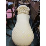 VICTORIAN CHAISE LONGUE, gold buttonback upholstery with scroll back rest supports and feet