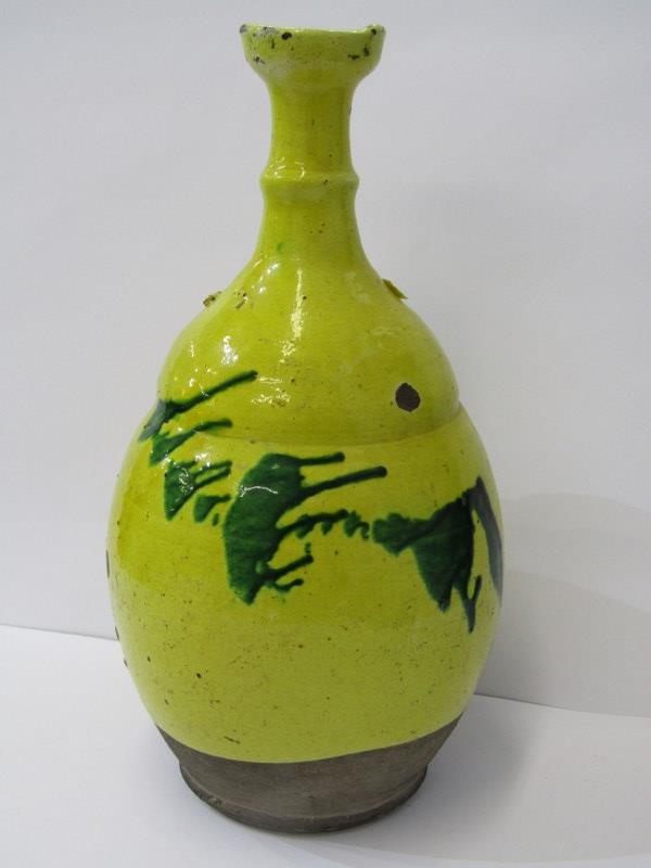 TURKISH POTTERY, pair of yellow slip glaze 12" vases, with green trailed decoration (1 vase requires - Image 4 of 4