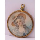 MINIATURE PORTRAIT, circular miniature portrait of "Lady in floral bonnet", signed Lucas