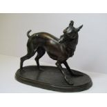 BRONZED SCULPTURE, French style oval based sculpture of Hound, 5" height