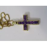 9ct YELLOW GOLD AMETHYST SET CROSS PENDANT on box link 9ct yellow gold necklace