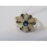9ct YELLOW GOLD OPAL & SAPPHIRE CLUSTER RING, in the form of a flower, size N