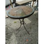 ANTIQUE BISTRO TABLE, with tiled top on a metal 3 legged base, 24" diameter