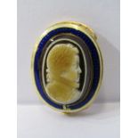 ENAMEL STONE CAMEO, possibly sardonyx, in yellow metal testing high carat gold setting