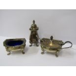 SILVER CRUET, silver 3 piece cruet with gadrooned decoration on lion paw feet, with blue glass