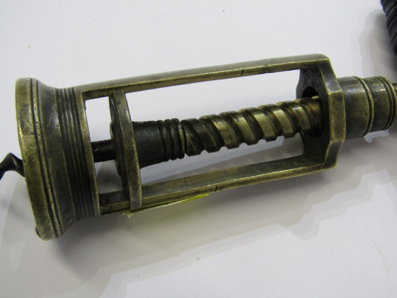 PATENT CORKSCREW, Brass twin pillar caged corkscrew with turned ebony handle (no brush), 7.5" max - Image 2 of 4